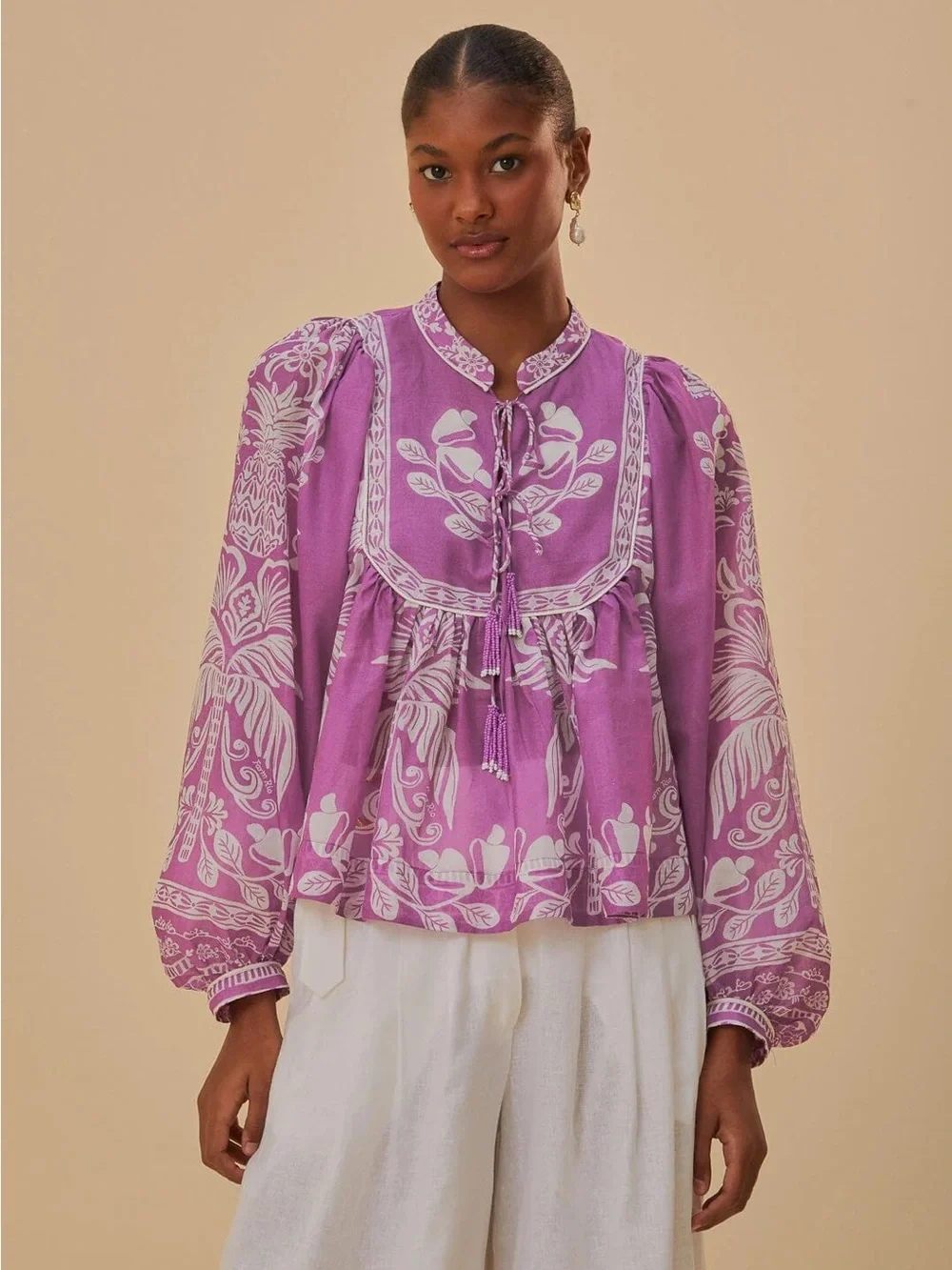 Farm Rio Lilac Sweet Garden Long Sleeve Blouse Purple Size S